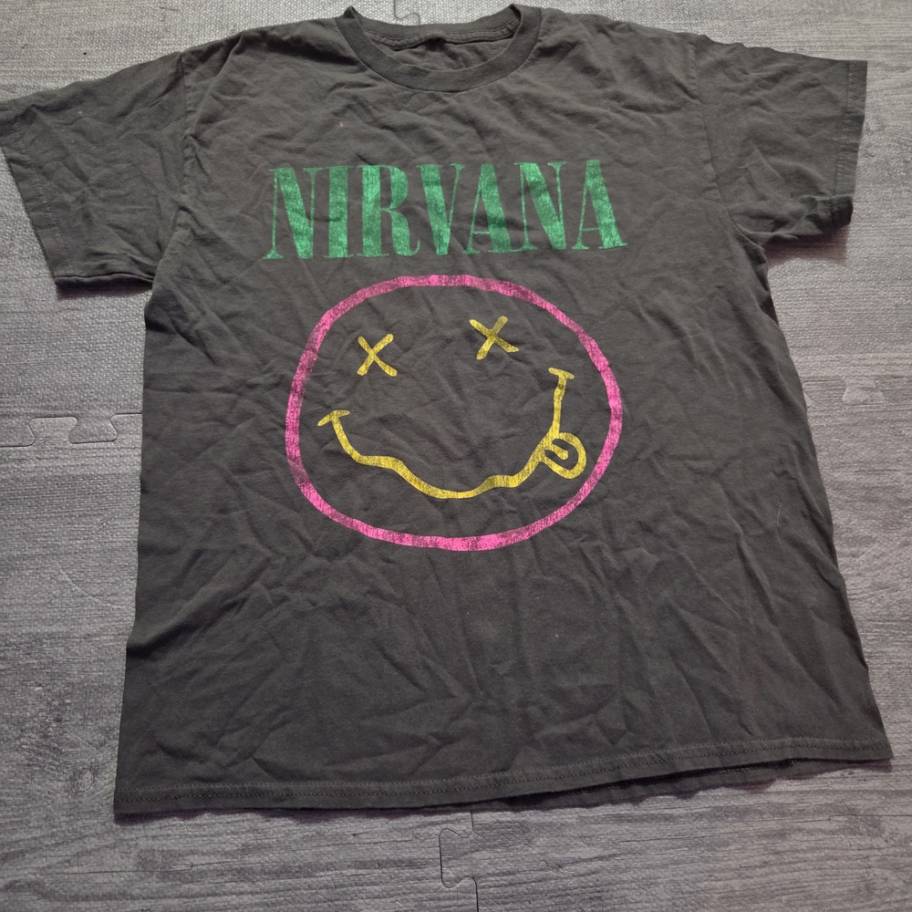 NIRVANA Gray Graphic Tee with Green and Pink Logo Pre-owned Size L